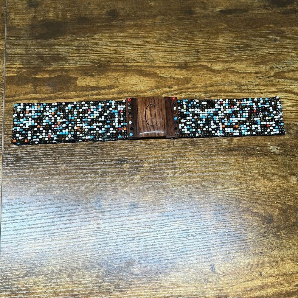 Women's Beaded Belt One‎ Size Wide Wooden Hook Buckle Retro Boho Stretch Fit